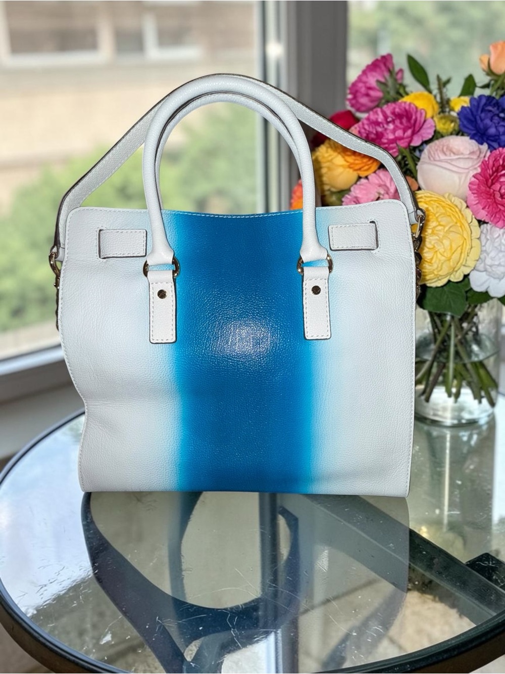 Michael Kors White and Blue Ombre Leather Tote with dustbag and Pom Pom NWOT - Picture 2 of 15